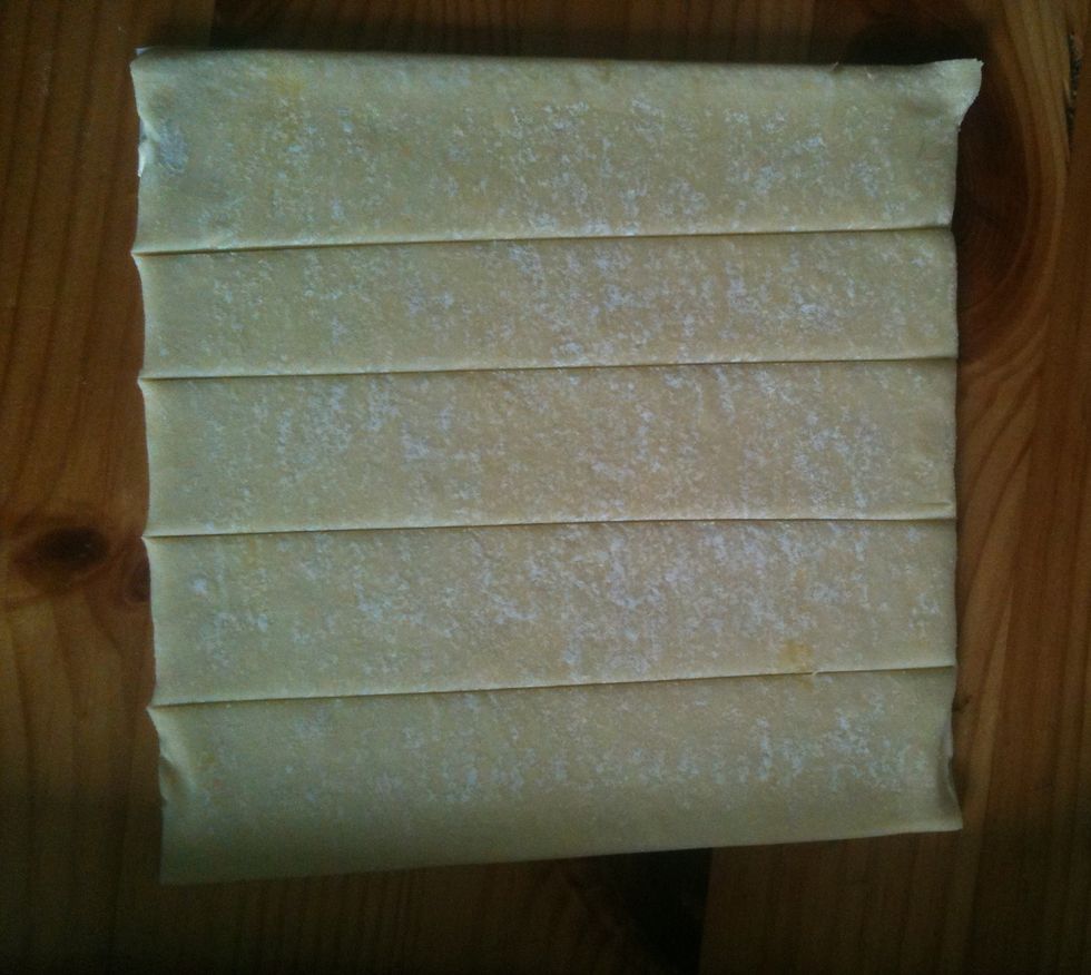 Then put the oil mixture aside and start cutting the pastry into strips about 2cm wide. I get 5 out of one sheet of pastry.