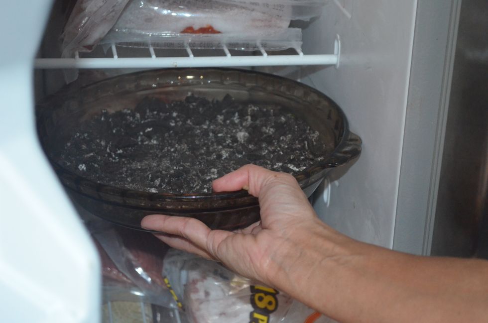 Then put the pie plate and Oreos in the freezer for about an hour.