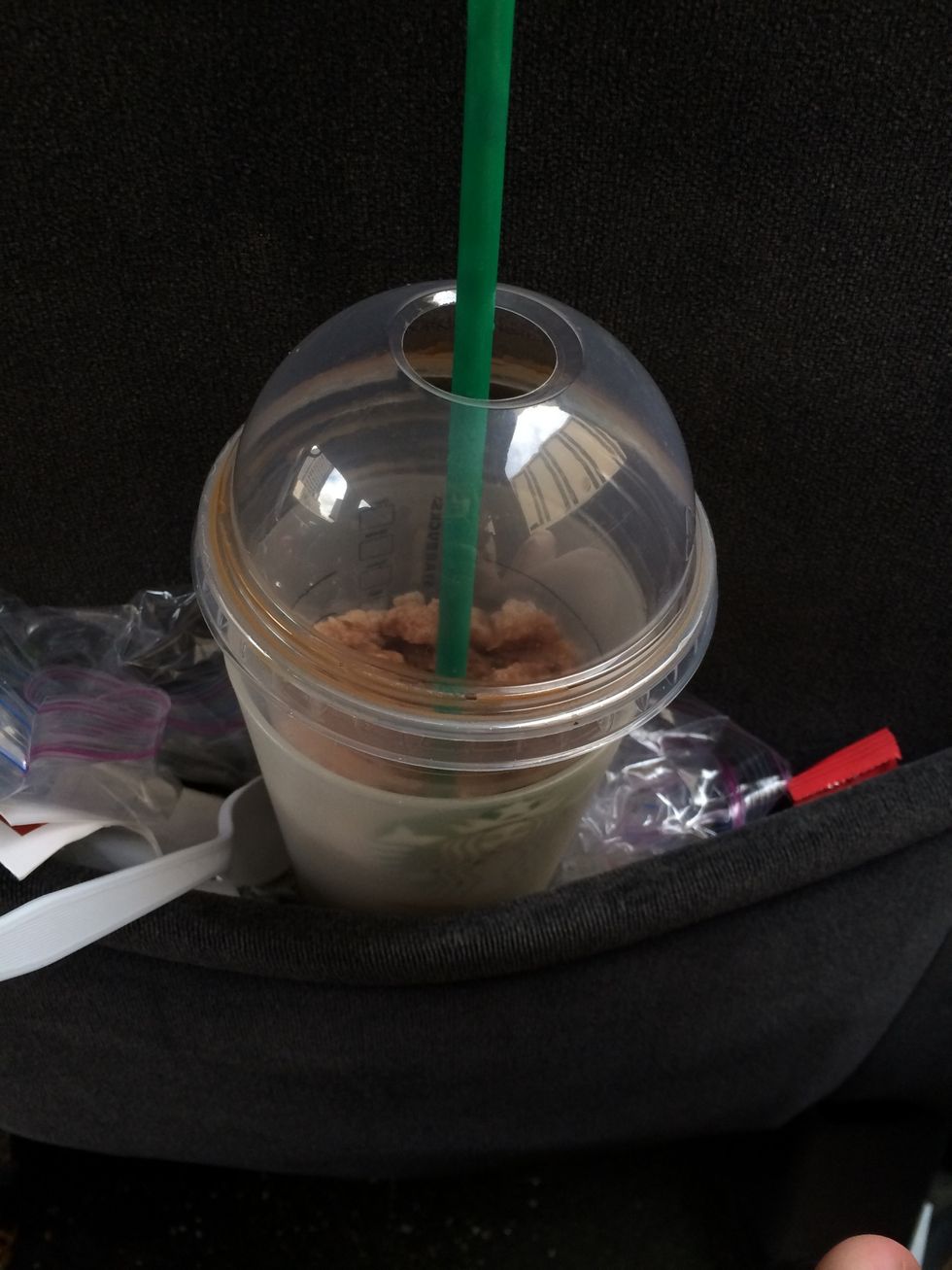 Then put you fancy Starbucks drink into your cup which is in your pocket. In case you were wondering, the drink is a skinny mocha frappe with soy. But you weren't, were you.