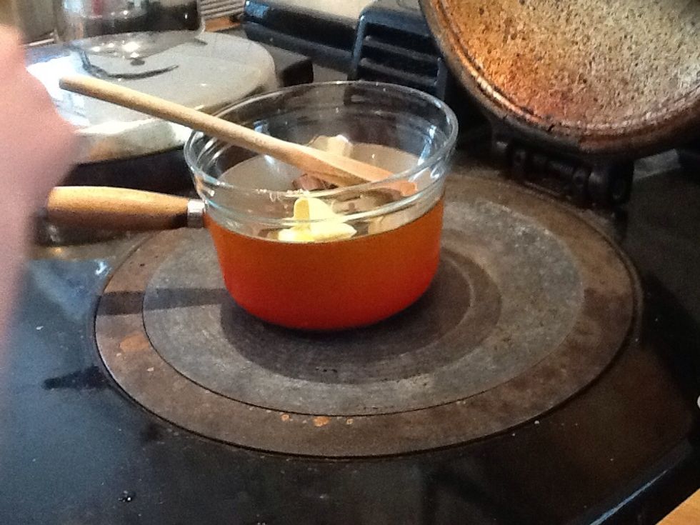 Then put your chocolate and butter on to the cooker or aga to melt until there are no lumps