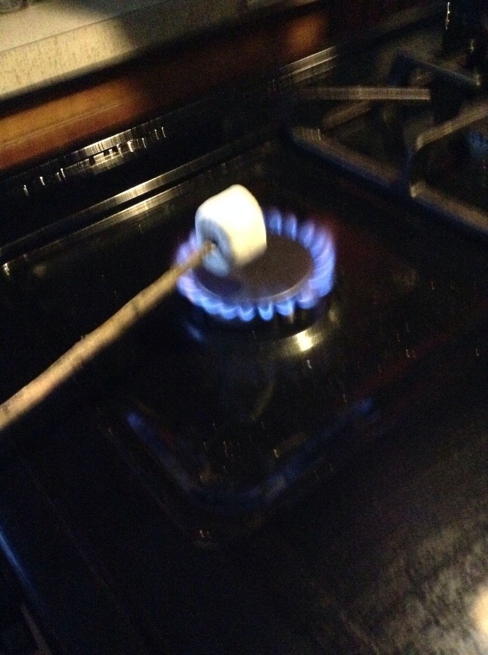 Then put your stove on low. And slowly roast your marshmallow over the fire.