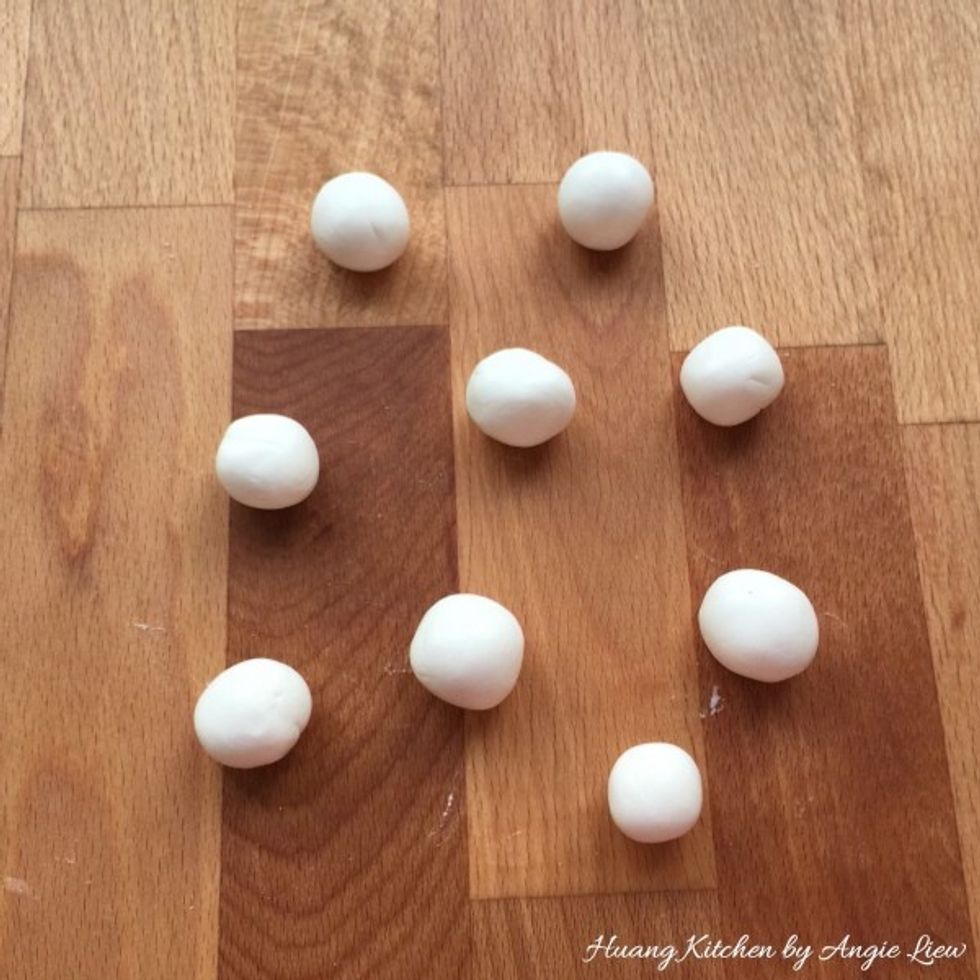 Then roll each small piece firmly with the palm of your hands into the size of a marble ball.