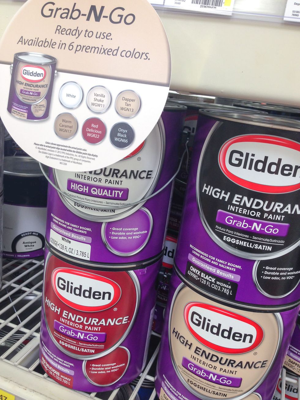 Then, run to Walmart and grab a can of Glidden's Grab-N-Go directly off the shelf. Glidden has selected the most popular colors for you, so color selection is made easy! No mixing or waiting.