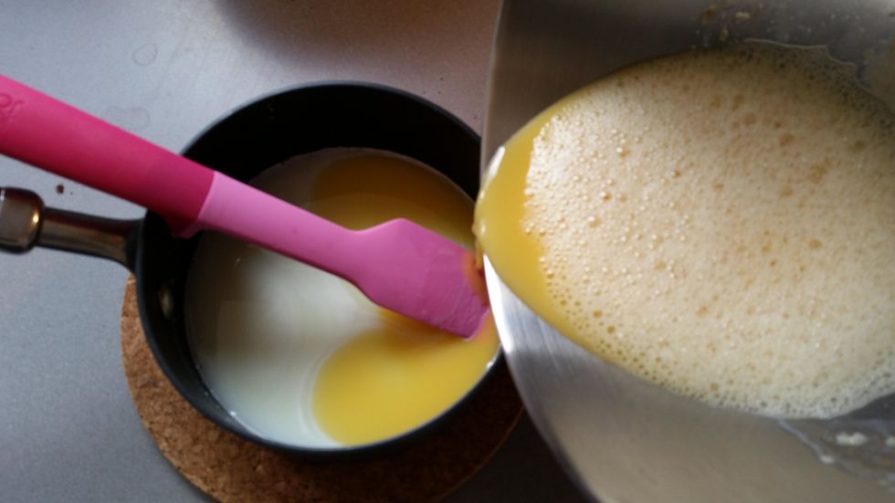 then scrape the warmed egg yolks back into the saucepan.Stir the mixture constantly over medium heat, scraping the bottom as you stir, until the mixture thickens and coats the spatula