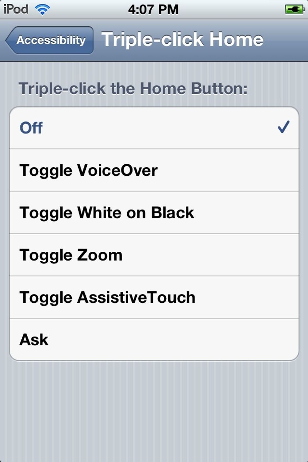 Then select action you want to be completed when you triple-click home. Now try it out (triple click your home button, it will take a few seconds).