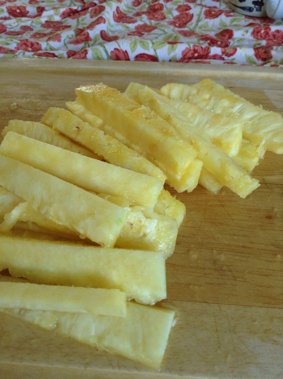 Then slice those pieces however you want. Today I cut them into sticks to eat with jicama (see my other guide on that). There is nothing like fresh pineapple - so juicy and delicious! Enjoy!
