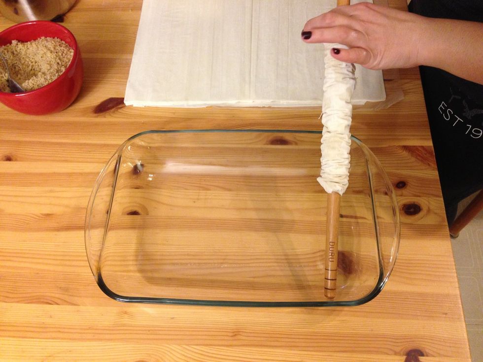Then slide it down into the baking pan by pushing from one side.