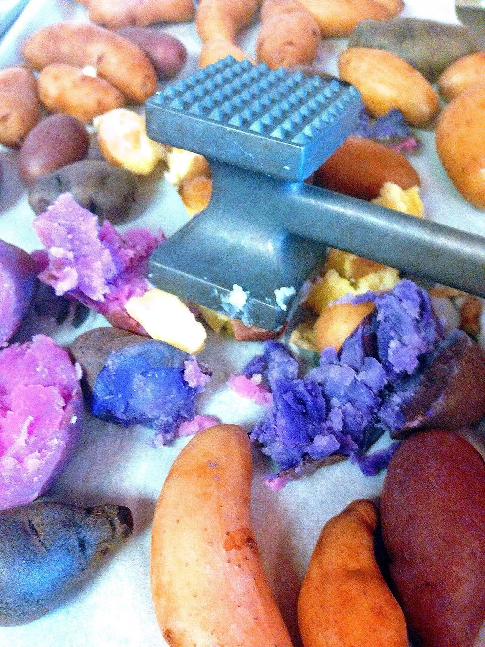 Then smash the potatoes. Do not over smash them cause you will end up with mashed potatoes instead \ud83d\ude09
