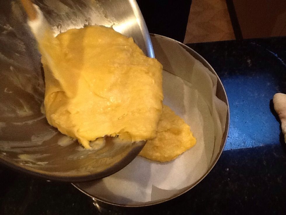 Then spoon into the cake tin