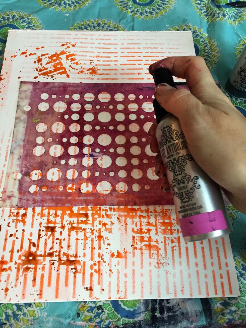 Then spray Art Anthology's Patience Colorations Spray with Art Anthology's Bubbles stencil.