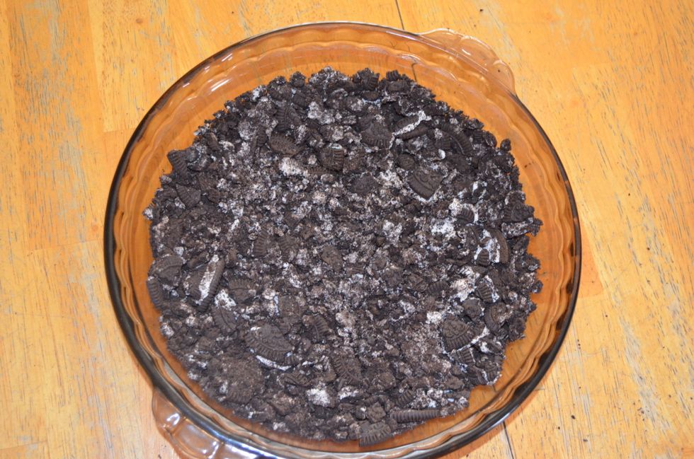 Then, spread the Oreos around the pie plate. Just on the bottom though