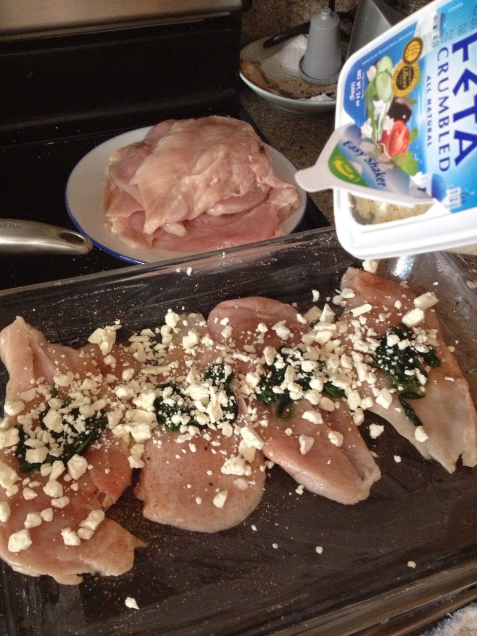Then sprinkle the feta all over the chicken.