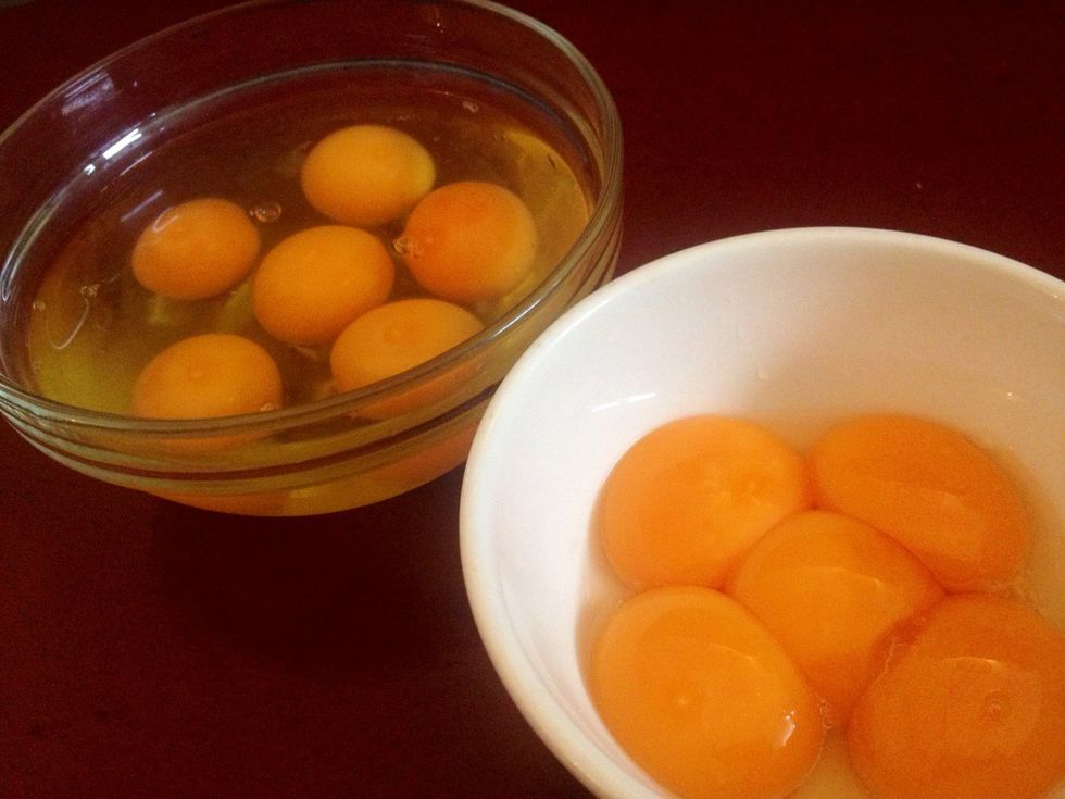Then start cracking 6 whole eggs plus 5 yolks. Keep the egg whites aside to make meringue if you will, as found in my "Meringue Filled with Pistachios and Orange" guide and some others in Snapguide.