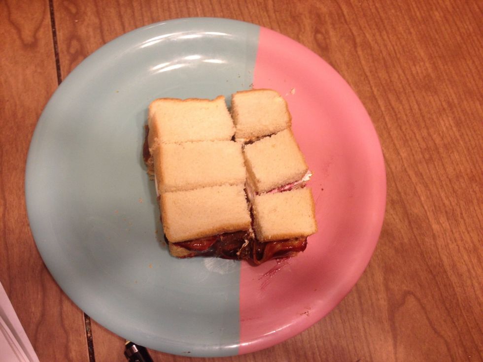 Then start cutting the bread into 3 more evenly spaced cuts vertically.