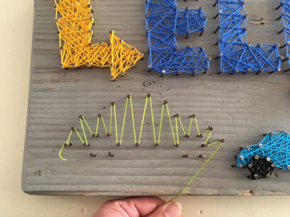 Then start wrapping back and forth from nail to nail. (I changed directions and just kept going until the coverage was as thick as I wanted).