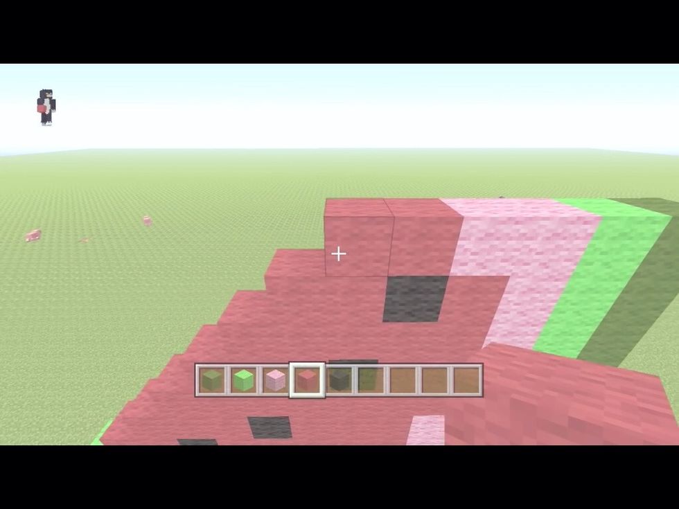 Then stop going up and put the red wool in the blank spaces and add some black wool where ever you desire as the seeds