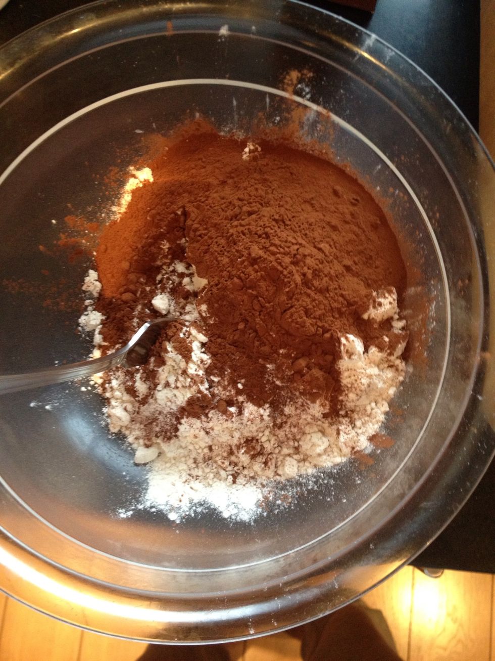 Then take a different bowl and put in the flour, baking soda, cocoa and salt.