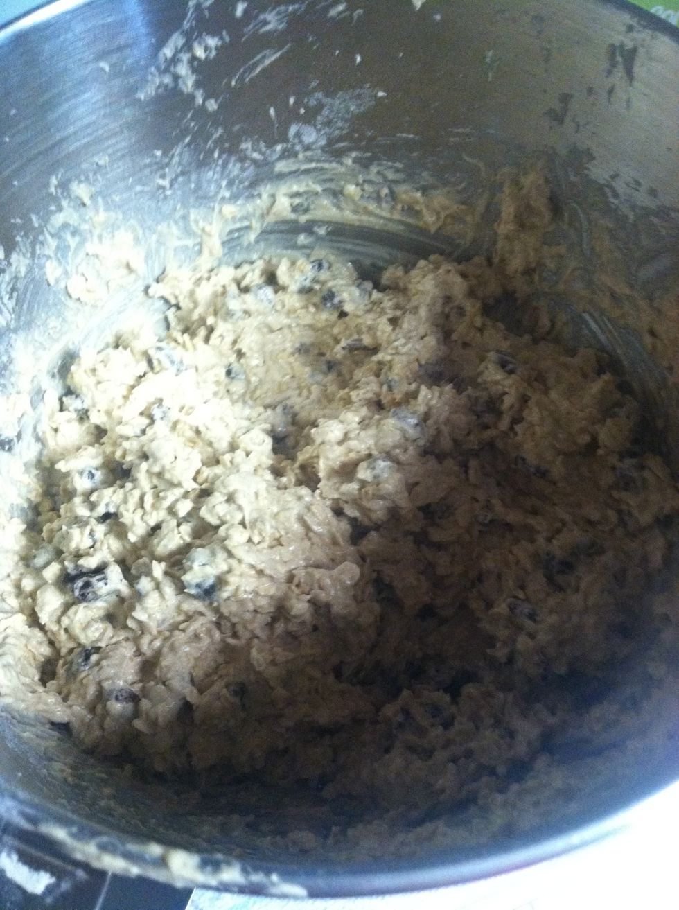 Then take bowl out of electric mixture and stir in 2 3/4 cups oats and 1 cup raisins.