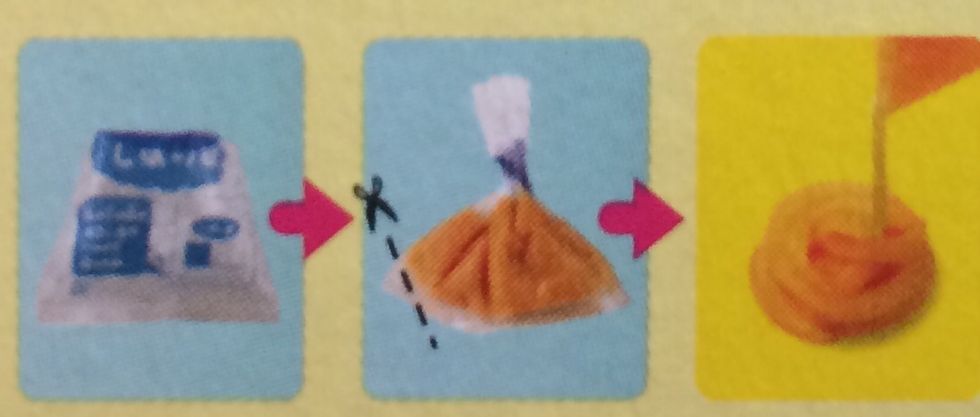 Then Take Your Pastry Bag and Fill it with the ORANGE Spaghetti Mix-Snip a Super duper tiny end off Pastry Bag-You want Thin Noodles!!! Prep your placemat and Slowly Squeeze the mix to make Noodles