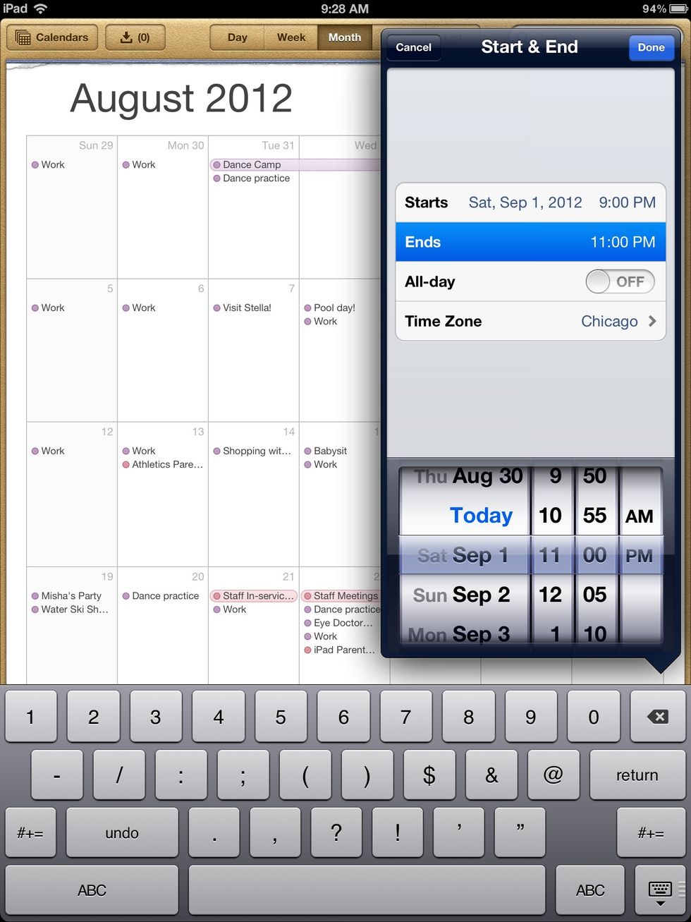 Then tap on end and scroll to the correct day and time that the event ends. If the event is all day, switch the button to all day.