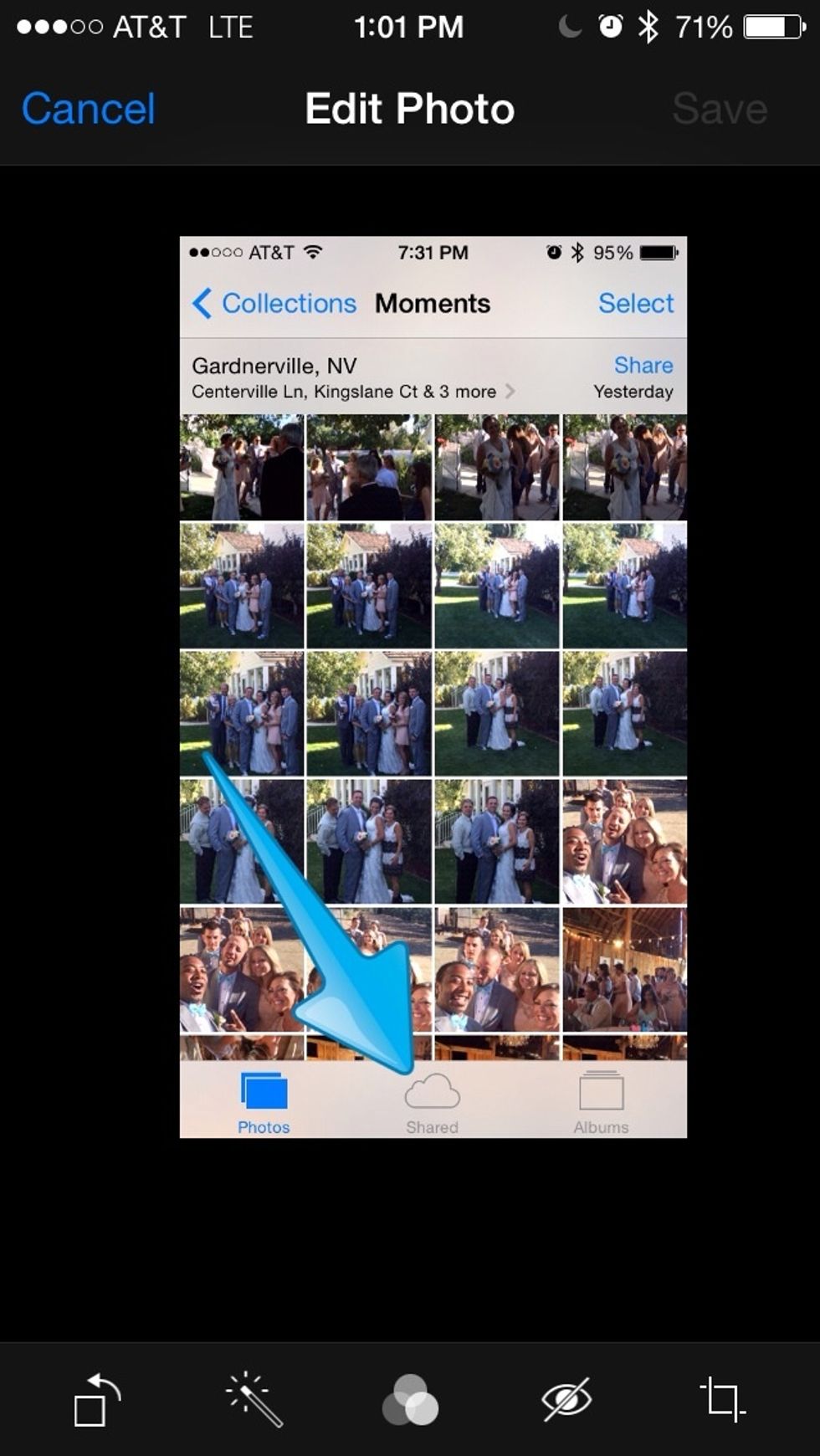 Then tap on shared in the middle. *If you did not see this go to "settings" then "photos & camera" then tap photo sharing*
