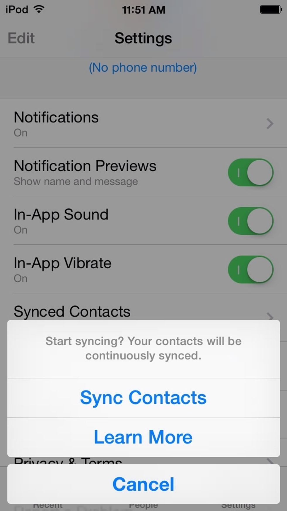 Then tap SYNC CONTACTS on the pop-up menu.