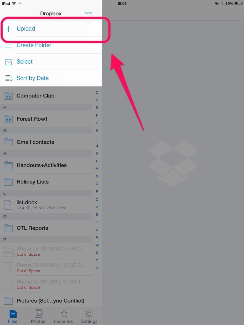 Then tap upload on the menu that appears.
