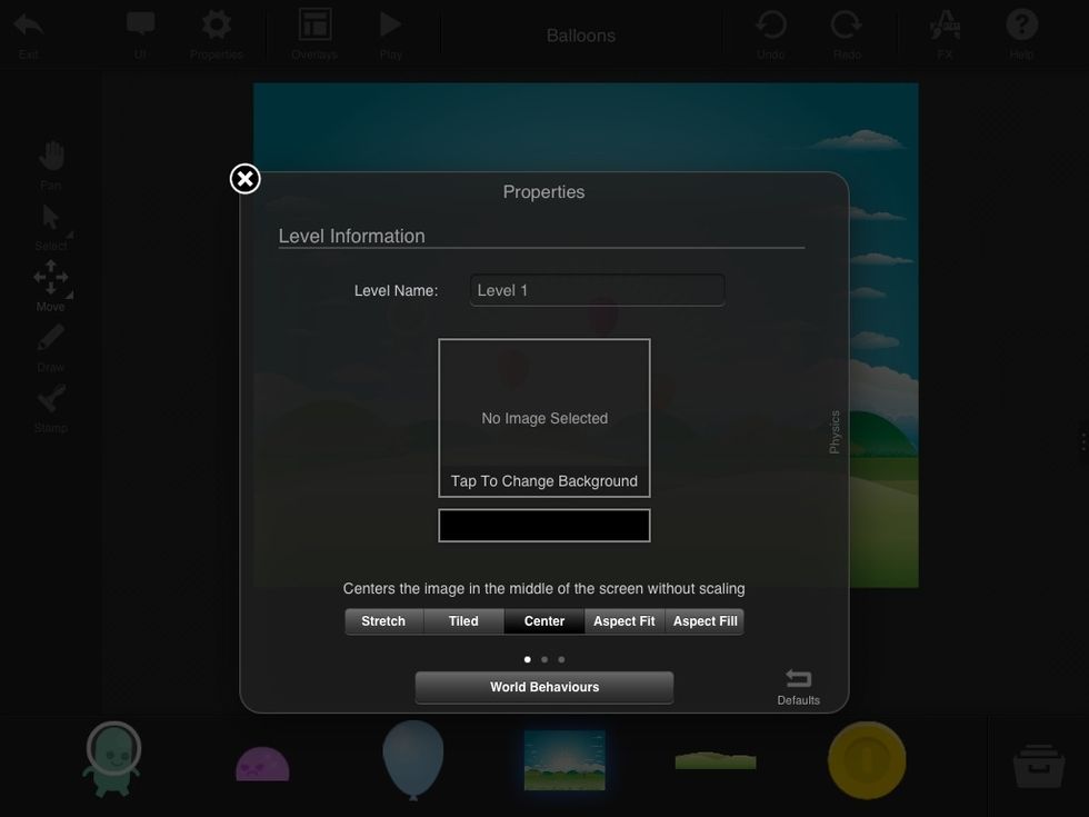 Then tap WORLD BEHAVIORS at the bottom of the window that pops up. Yes, we can even add behaviors to the entire game world.