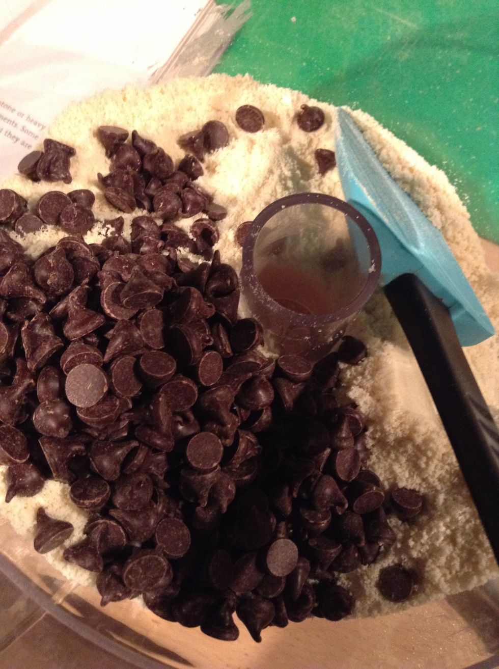 Then the filling. I'm using chocolate chips. YUM. You can be as generous as you want with the filling, but if you're using chocolate be careful as they can burn easily.