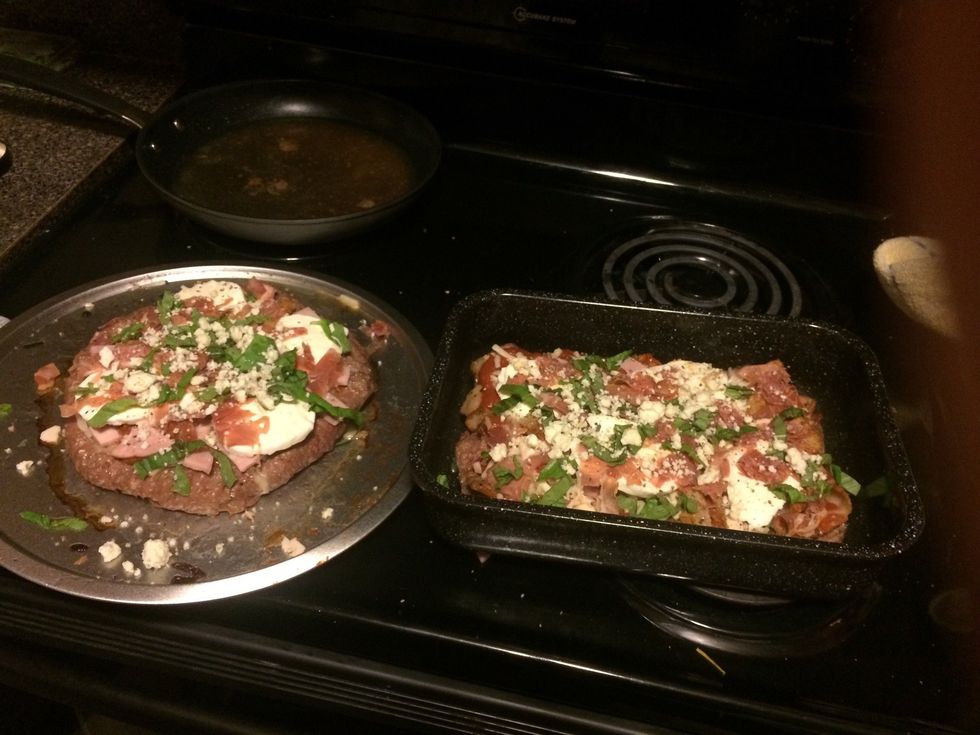 Then the fresh mozzarella and then more toppings. Put it in the oven at 350\u2022 until warm through and cheese is melty and bubbly.