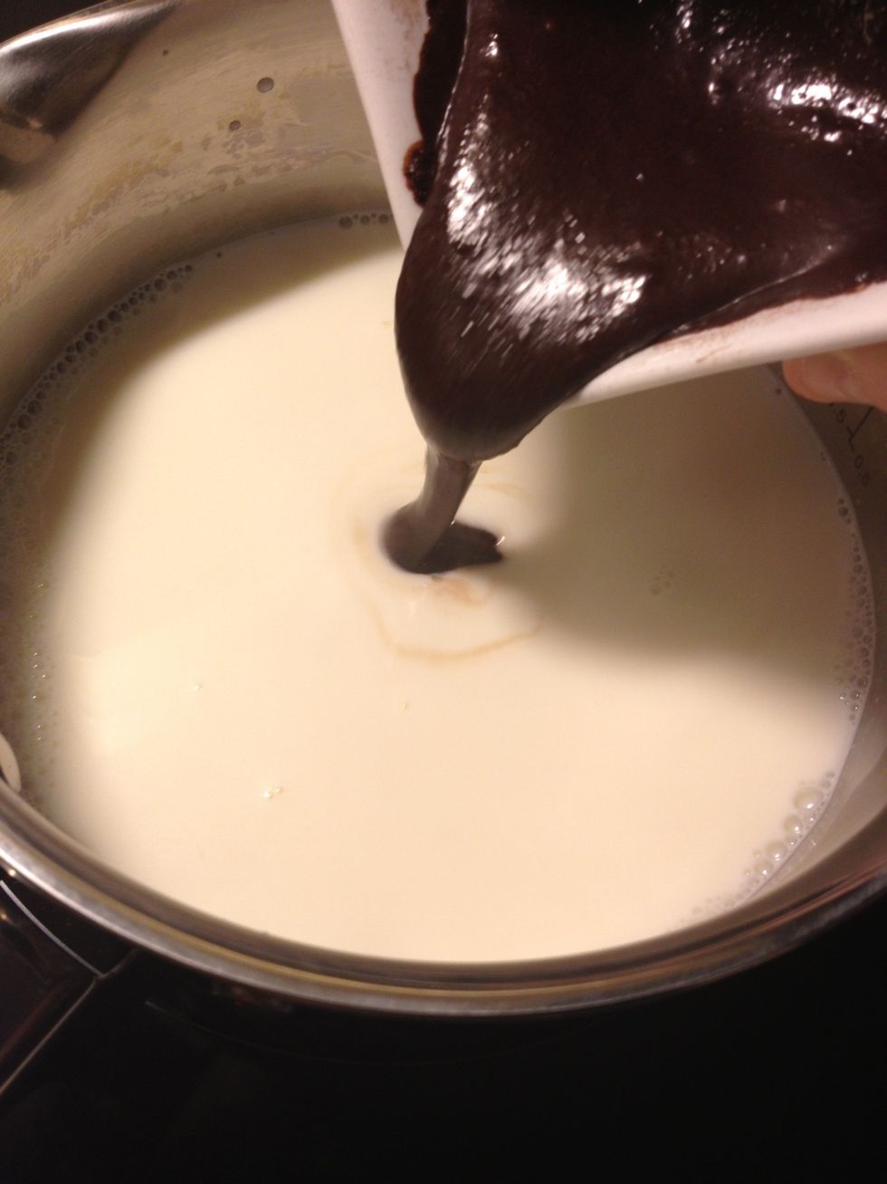 Then the milk is almost hot enough add the cocoa mixture into the pot