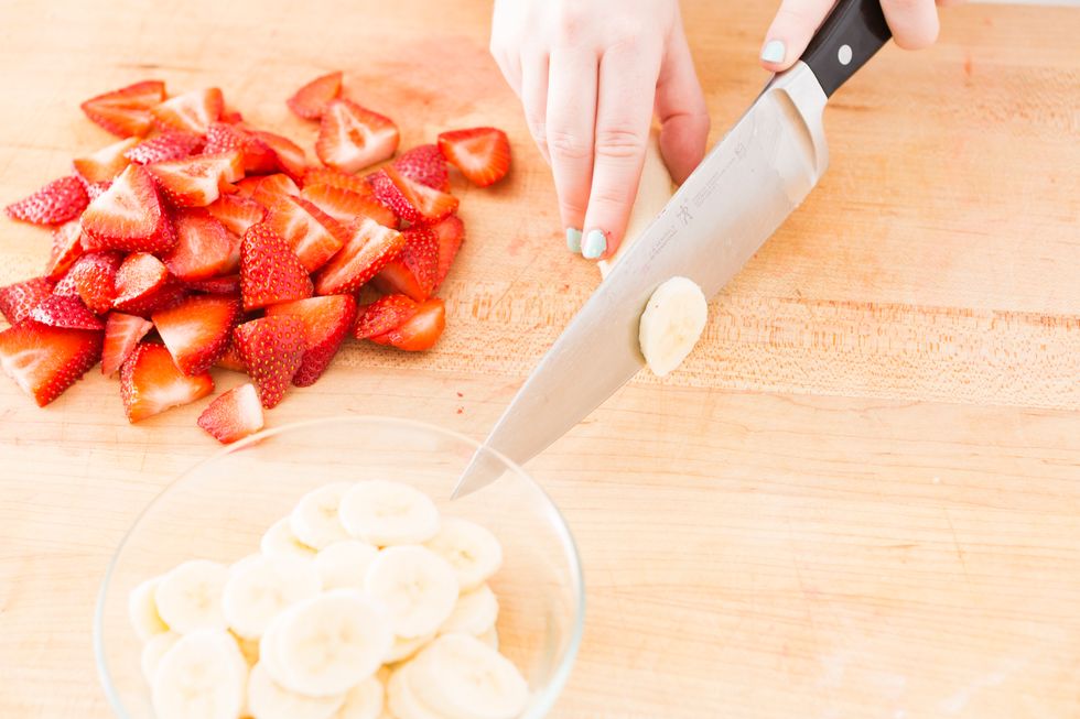 Then, thinly slice your bananas. Feel free to squeeze a little lemon juice on them so they keep from browning.