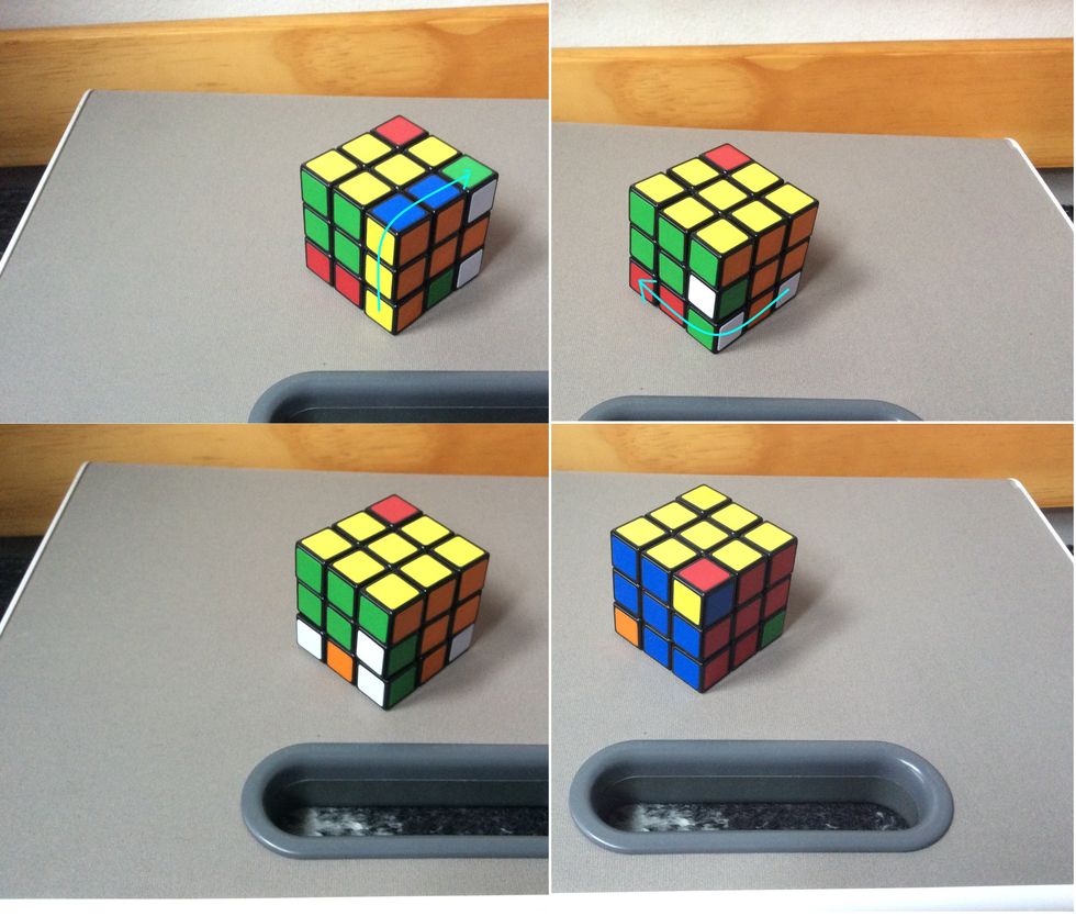 Then, turn the front up, and the bottom left. When you're done it should look like the bottom left. Turn the whole cube to the other corner and repeat.