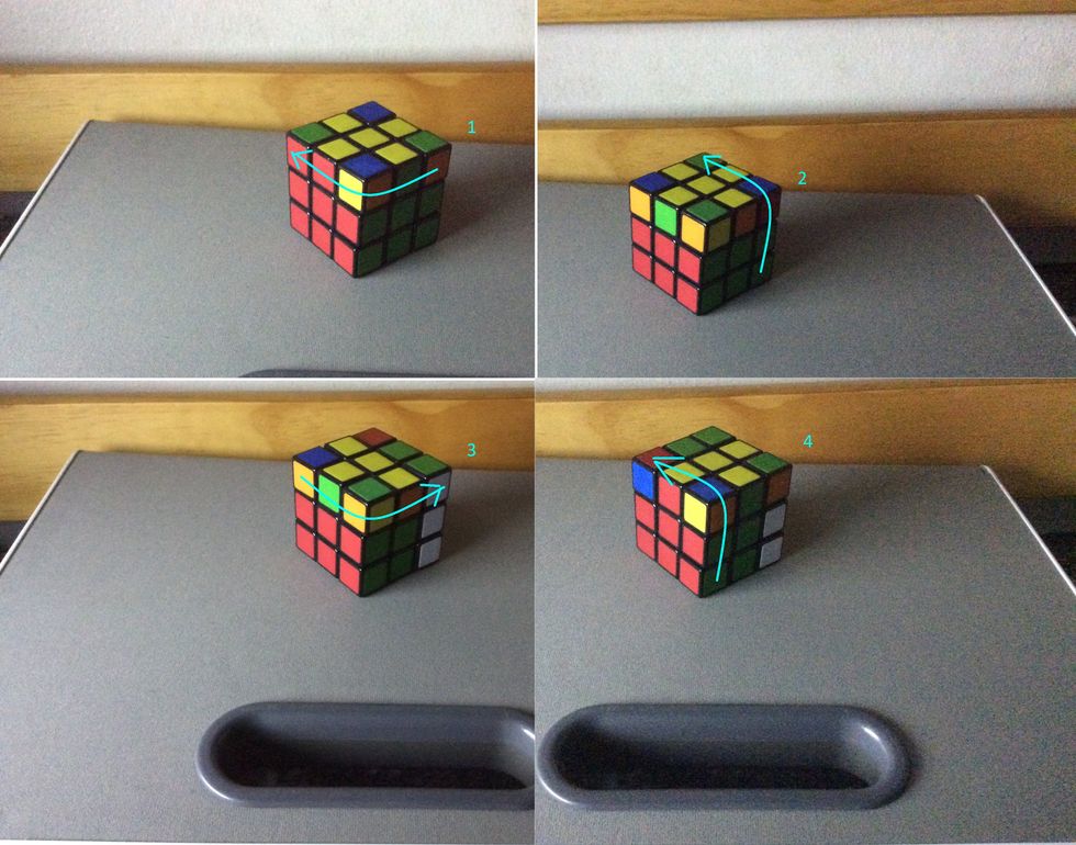 Then, turn the top to the left, turn the right side up, then the top to the right, and the left side up.