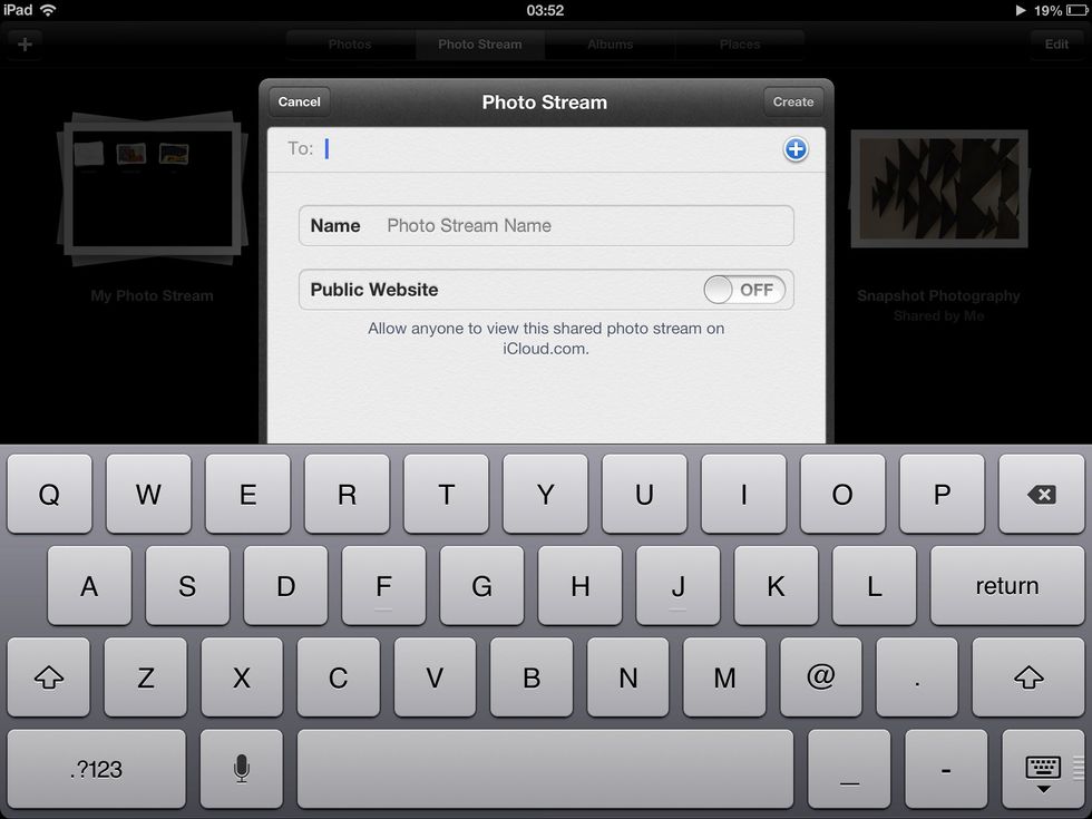 Then type the recipients email and the name of the album and if you want people without an iOS device or people who's email addresses you don't know can just use a public website link.