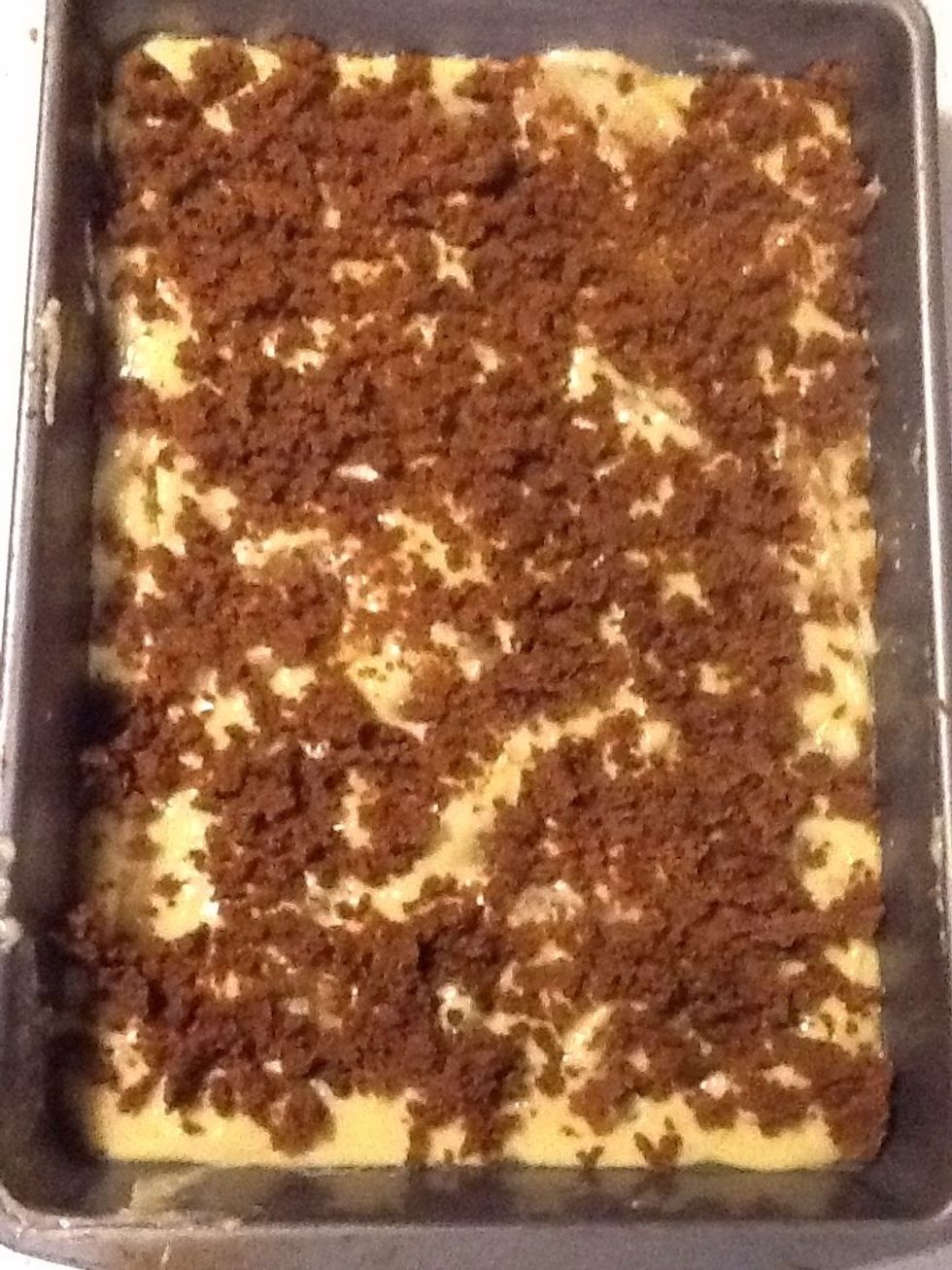 Then u put the topping on the cake and put it in the oven set at 350 degrees for 30 minutes