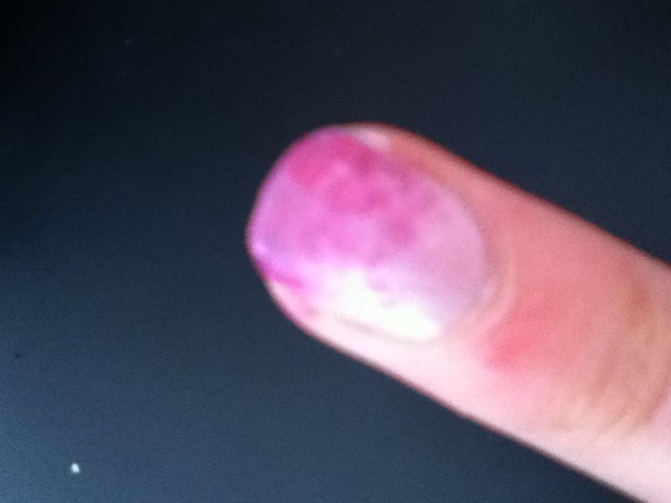 Then using an eyeshadow brush, put some medium pink nail polish on paper and dip the brush in it, then dab on the end of the nail, so that it is the darkest at then end and lightest at the bottom.