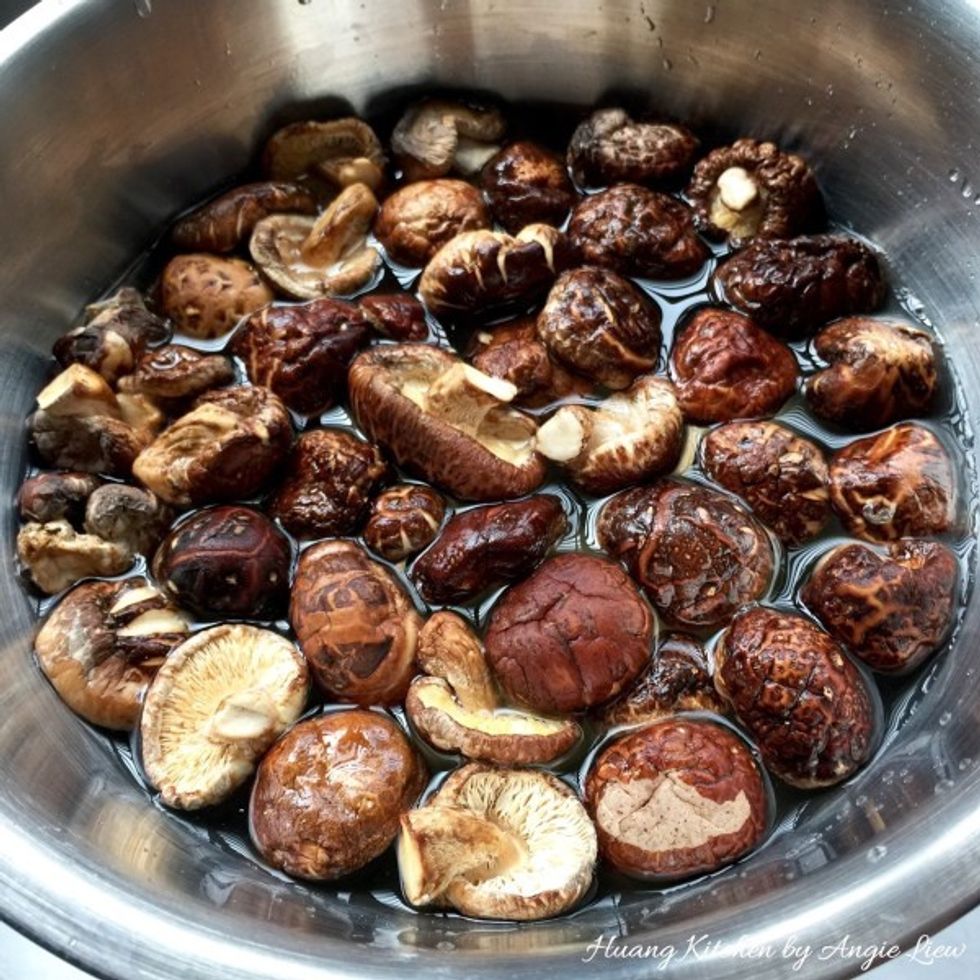 Then wash & soak (rehydrate) dried shiitake mushrooms in cold water, covered, for 1-2 hrs or overnight till soft. Otherwise, soak mushrooms in hot water for at least 20 minutes until they are soft.