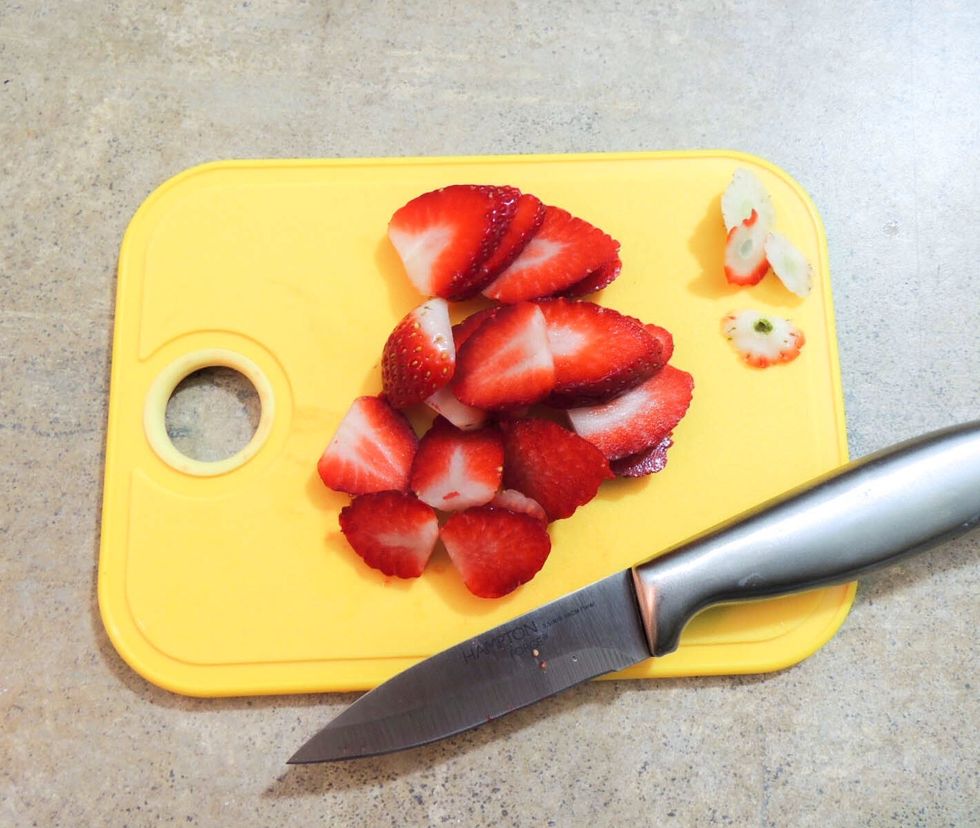 Then we'll add some fruit topping, i added strawberries, you can you any you want