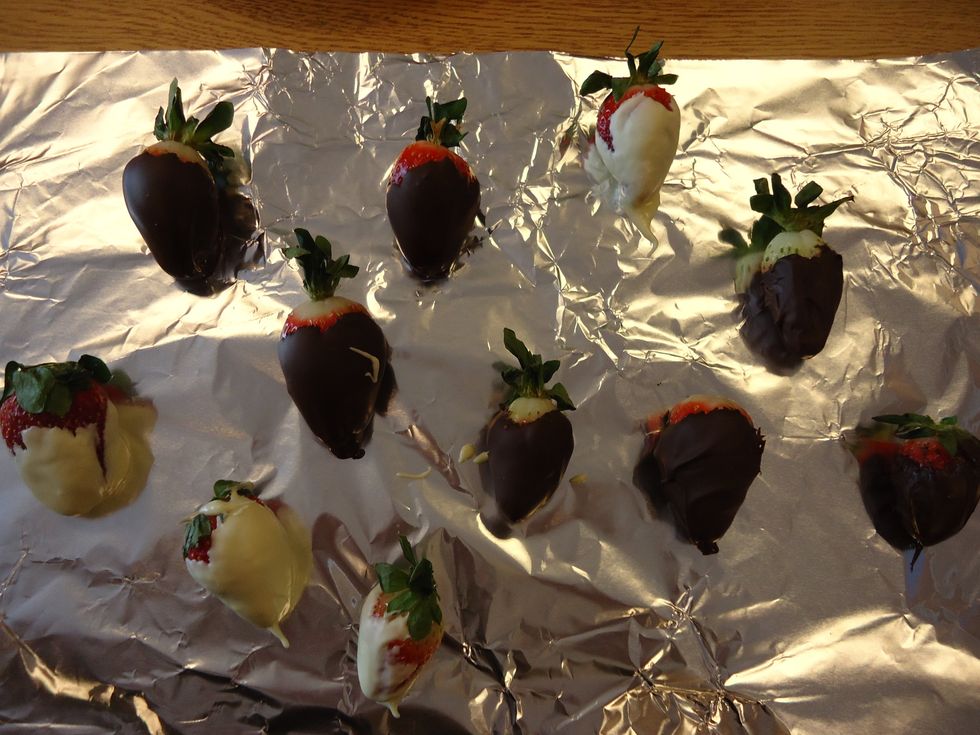 Then when you are done, you put them in the fridge and let them cool for 15.( If you want, you can add some of the white chocolate to the chocolate or the other way.)