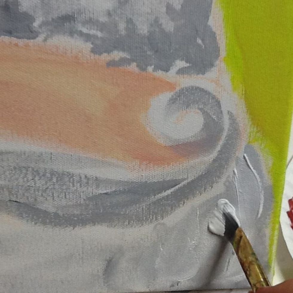 Then, while the grey is still wet, paint white over the beard, mustache, band of cap, and puff ball pressing your brush down in such a way as to add texture.