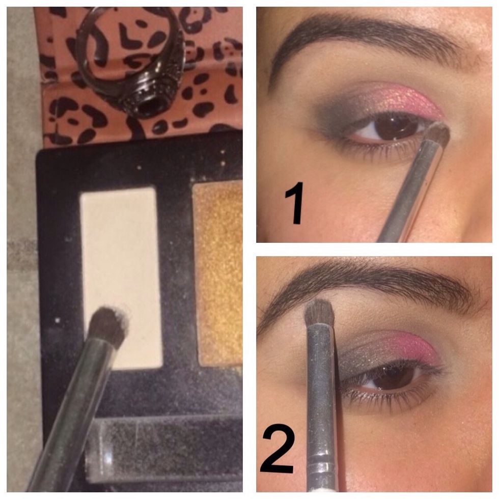 Then with a very small pencil brush, get a frosty white color and apply it to your tear duct or, \u201cinner corner\u201d of your eye, and on your brow bone.