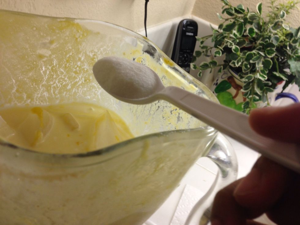 Then with or without the ice cream add some sugar. If you are adding ice cream later, put about two and a half tablespoons of sugar. If you decide on not adding ice cream later, add around 4 tbsp.