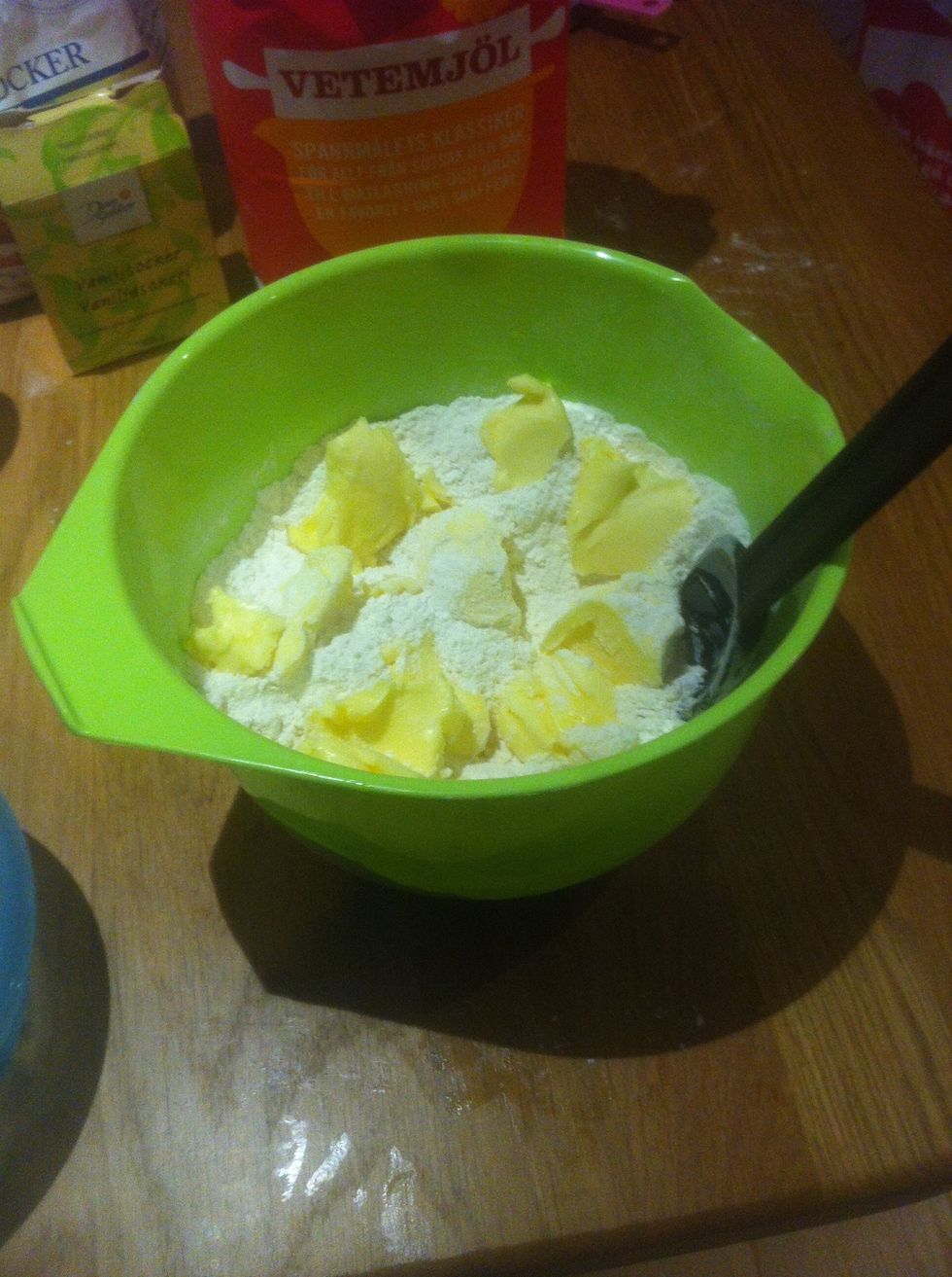Then you add small pieces of butter in the mix