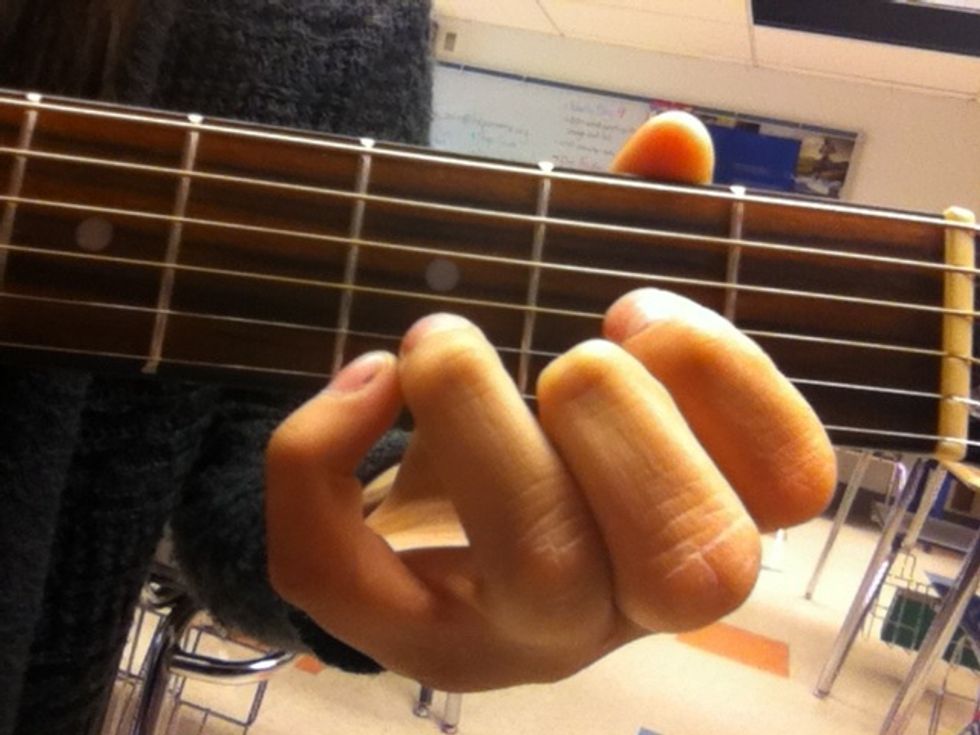 Then you are going keep the D chord, but add you pinky finger onto the 1st string 3rd fret. It looks like this.