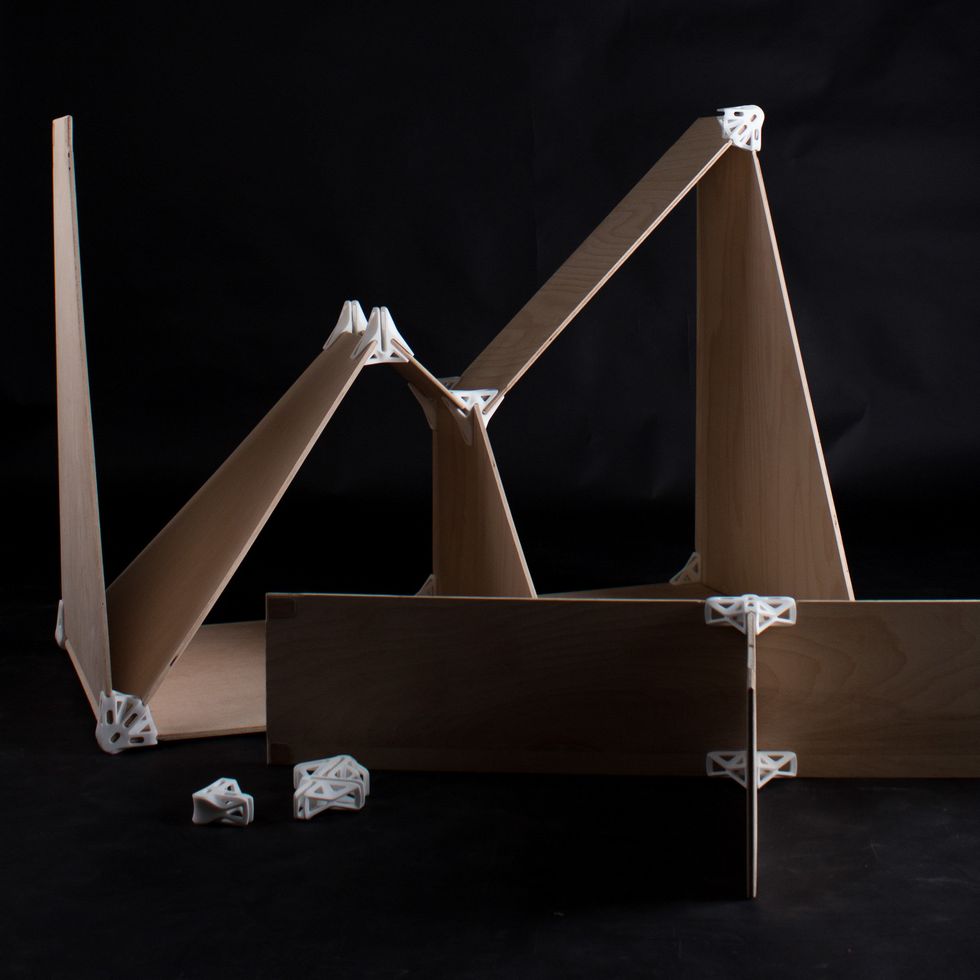 Then you can connect 8 millimeters plywood sheets to each other in different angles. One important feature of the design is that you do not have to screw or glue the parts.