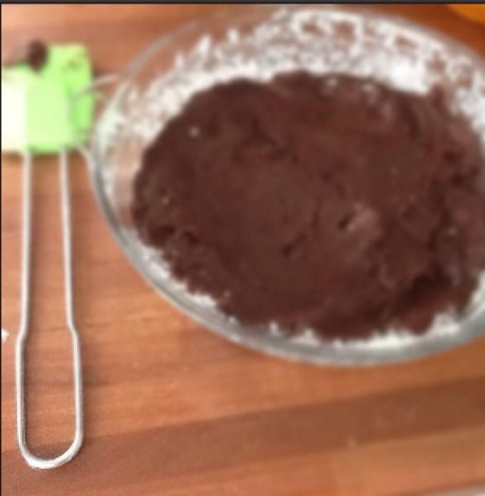 Then you can take a spatula and pour the batter into the cake tin. When you've done that put it in the oven for about 20 minutes.