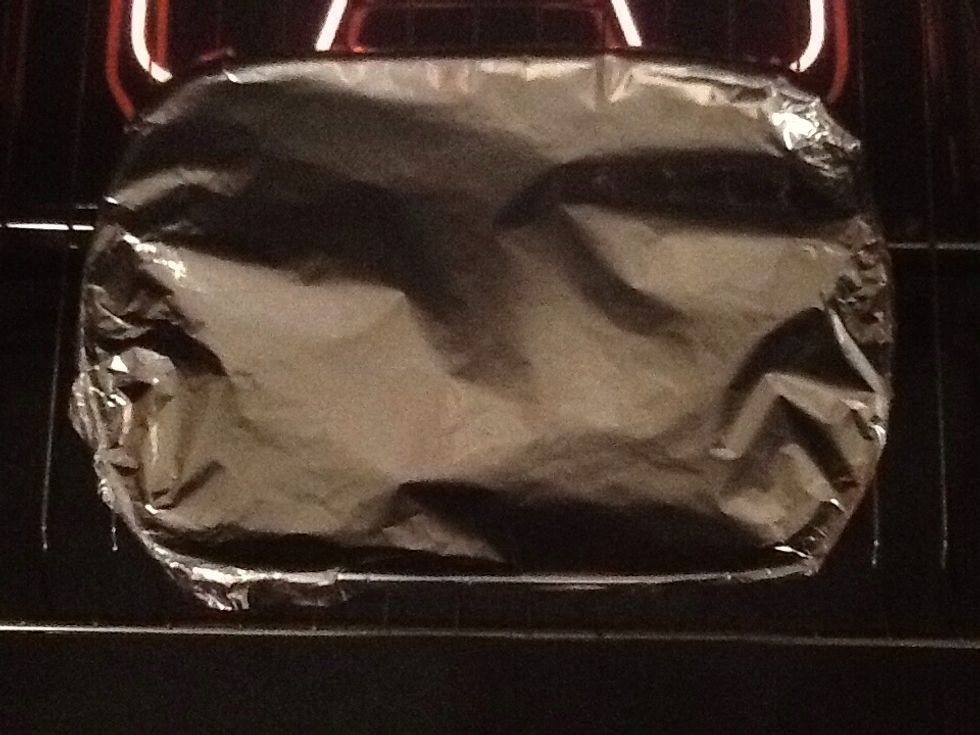 then you cover the lasagna with tin foil so it wont burn the surface of the top layer. The lasagna has to sit in the oven for at least an hour