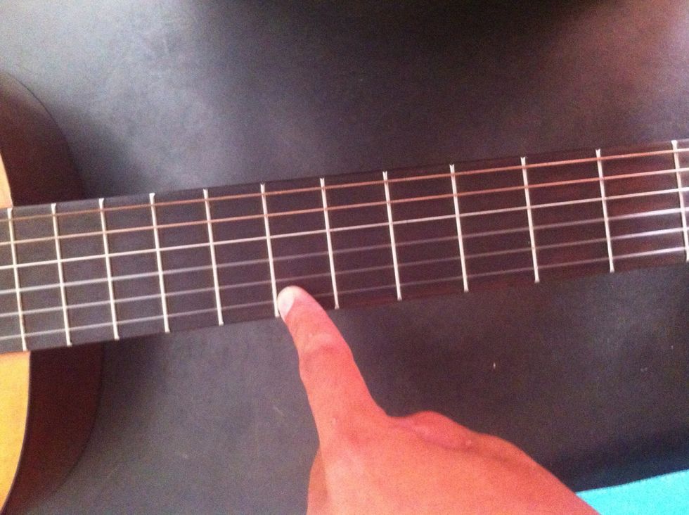 Then you hold the bottom string on the fith thread.