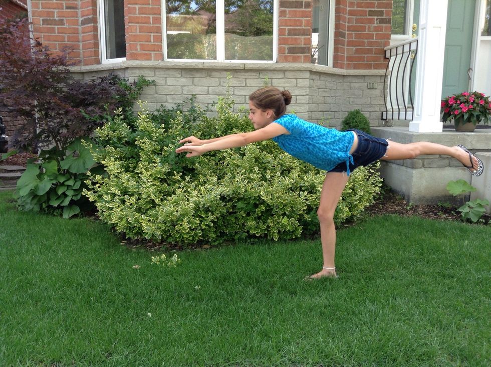 Then you keep your arms up and stick up your foot and go into a T position